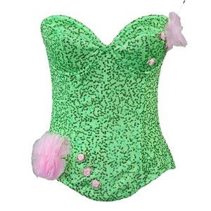 Starline Corset Top Womens S Green Sequin Pink Flowers Strapless Costume Cosplay